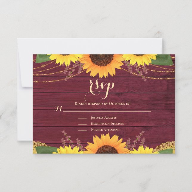 Rustic Sunflower Burgundy Gold Wedding RSVP (Anverso)