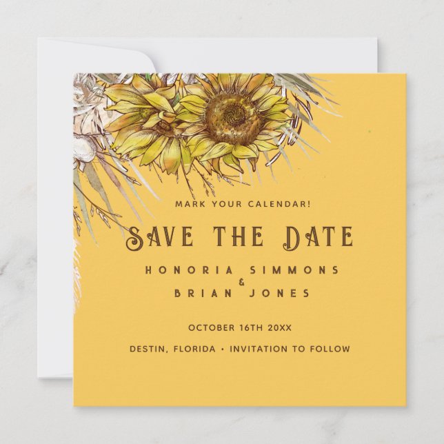 Rustic Sunflower Mustard Square Save the Date (Anverso)