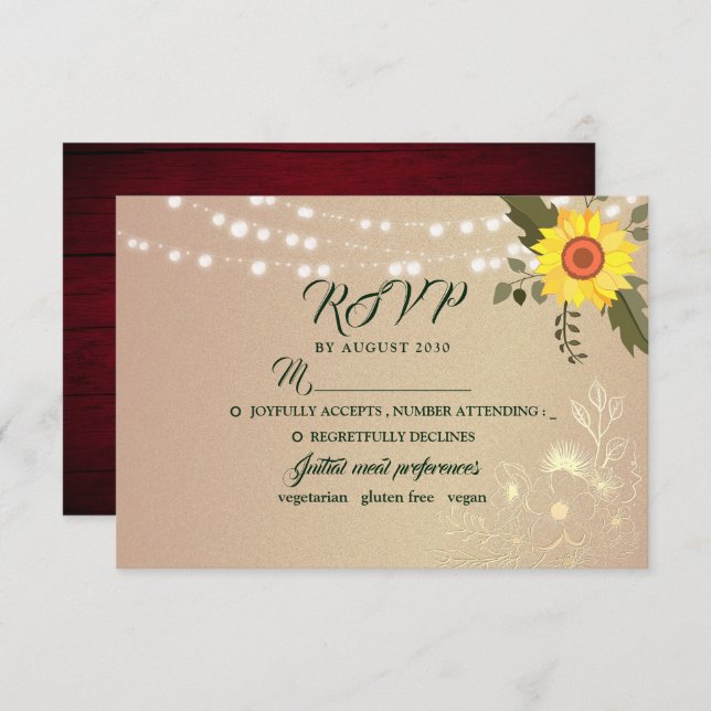 Rustic Sunflower String Luces Boda Tarjeta RSVP (Anverso / Reverso)