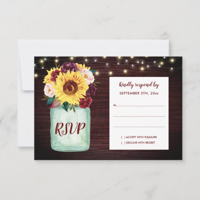 Rustic Sunflowers Mason Jar Wood Wedding RSVP (Anverso)