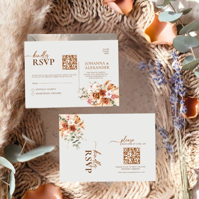 Rustic Terracotta & Blush Floral QR Code RSVP Card (Subido por el creador)