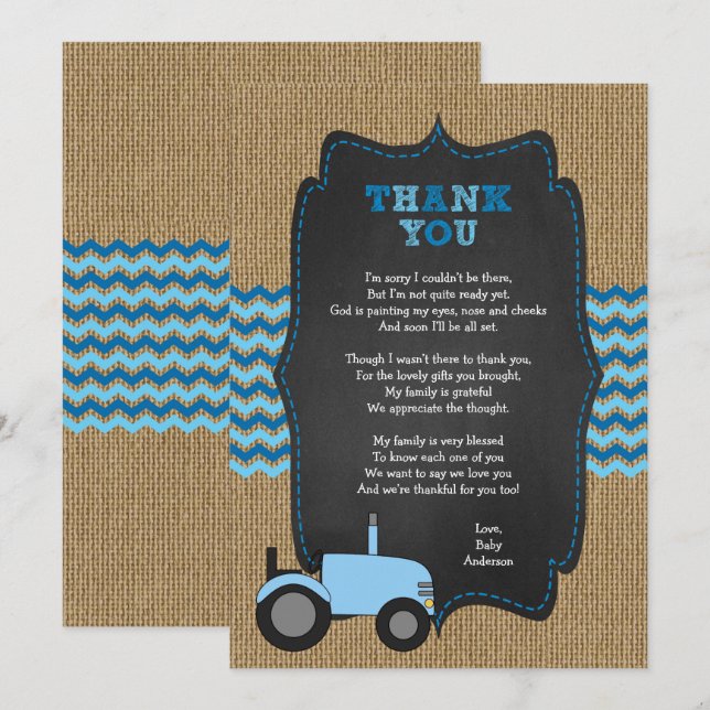 Rustic Tractor BOY Baby Shower gracias Invitación (Anverso / Reverso)