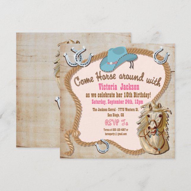 Rustic Western Cowgirl Horse Birthday Invitaciones (Anverso / Reverso)