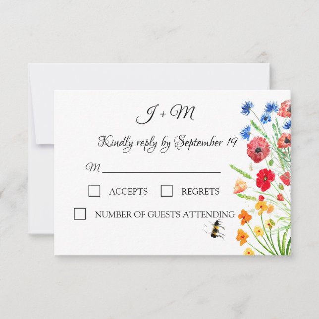 Rustic Wildflower Poppies Cornflowers Wedding RSVP (Anverso)