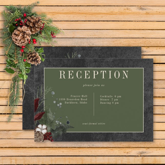 Rustic Winter Berries & Pine Black Recepción (Rustic Winter Berries & Pine Black Wedding Reception Card)