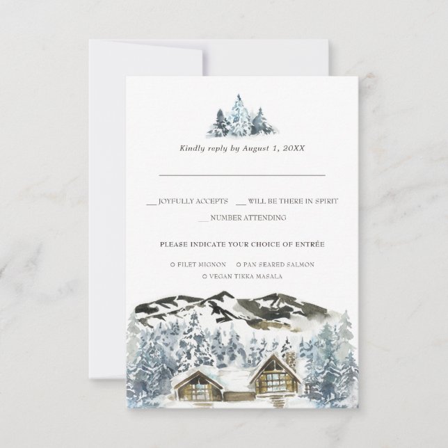 Rustic Winter Mountain RSVP con opción de comida (Anverso)
