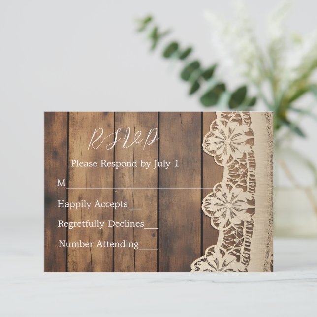 Rustic Wood and Lace RSVP Card (Anverso de pie)