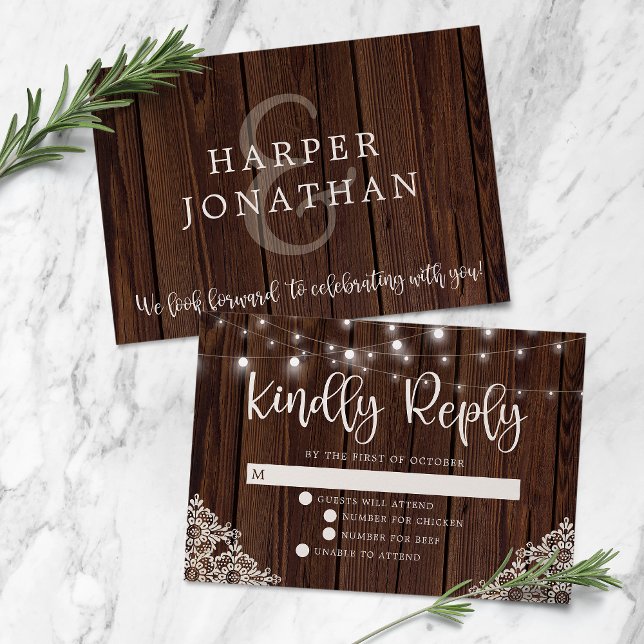 Rustic Wood and String Lights Lace Wedding RSVP (Subido por el creador)