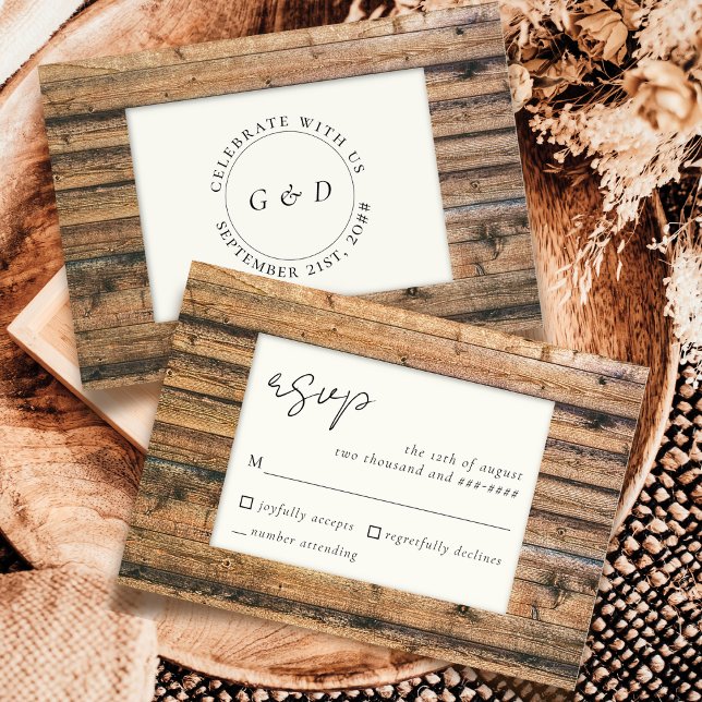 Rustic Wood Black White Ivory Elegant Wedding RSVP (Subido por el creador)
