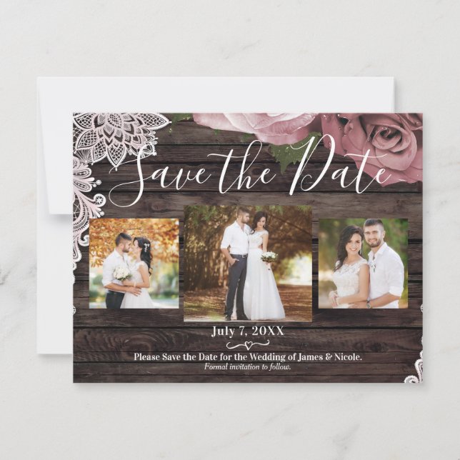 Rustic Wood Dusty Pink Roses Photo Save the Date (Anverso)
