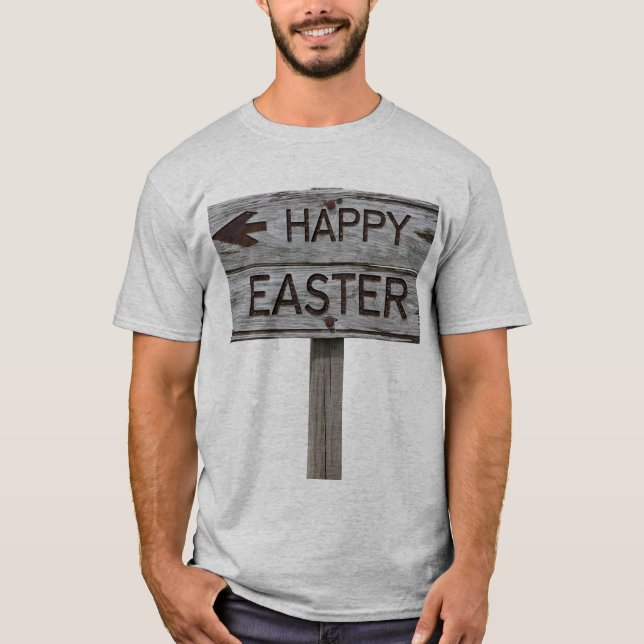Rustic Wood Happy Easter Direction Rótulo Camiseta (Anverso)