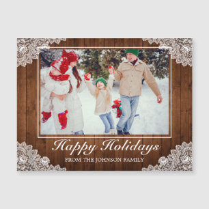 Rustic Wood & Lace Photo Happy Holidays Grey
