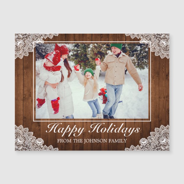 Rustic Wood & Lace Photo Happy Holidays Grey (Anverso)