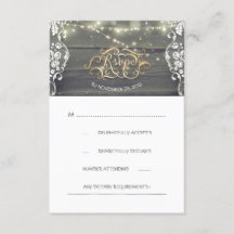 Rustic Wood Lace String Lights Wedding RSVP Card