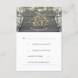Rustic Wood Lace String Lights Wedding RSVP Card