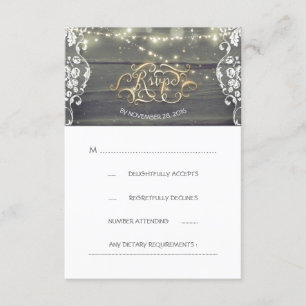 Rustic Wood Lace String Lights Wedding RSVP Card