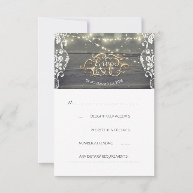 Rustic Wood Lace String Lights Wedding RSVP Card (Anverso)