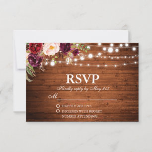 Rustic Wood Lights Burgundy Floral Wedding RSVP