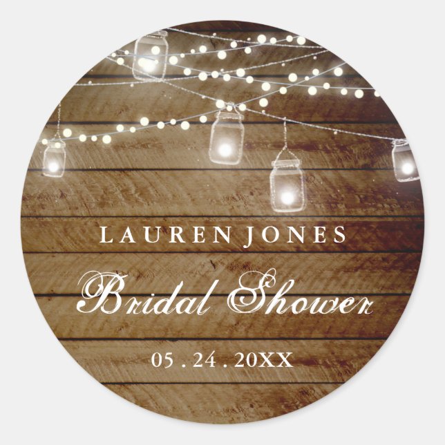 Rustic Wood Mason Jar Bridal Shower Pegatina (Anverso)