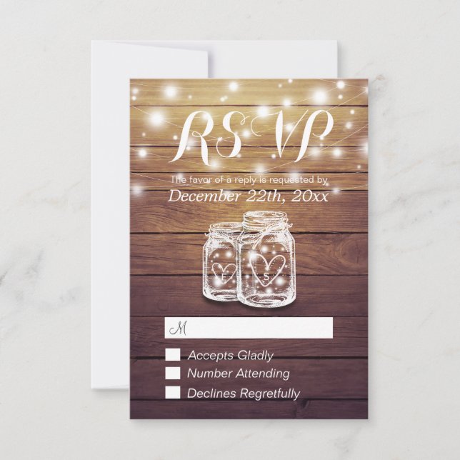 Rustic Wood & Mason Jar String Lights Wedding RSVP (Anverso)