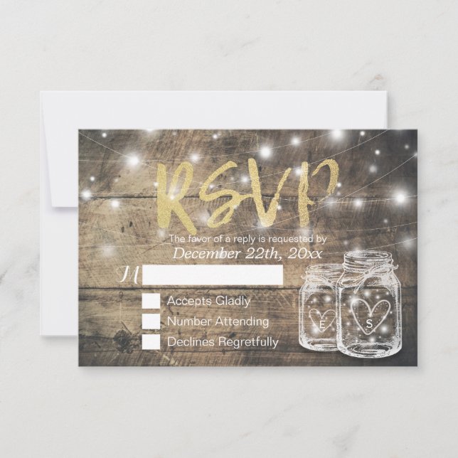 Rustic Wood & Mason Jar String Lights Wedding RSVP (Anverso)