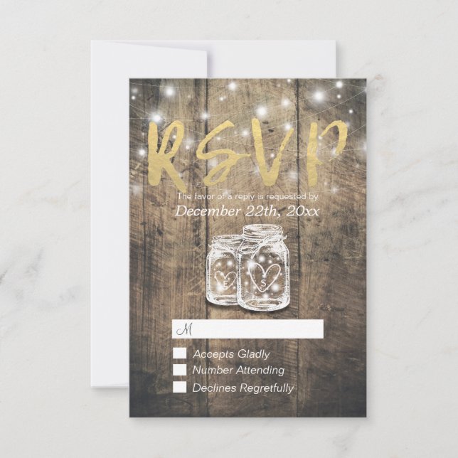Rustic Wood & Mason Jar String Lights Wedding RSVP (Anverso)