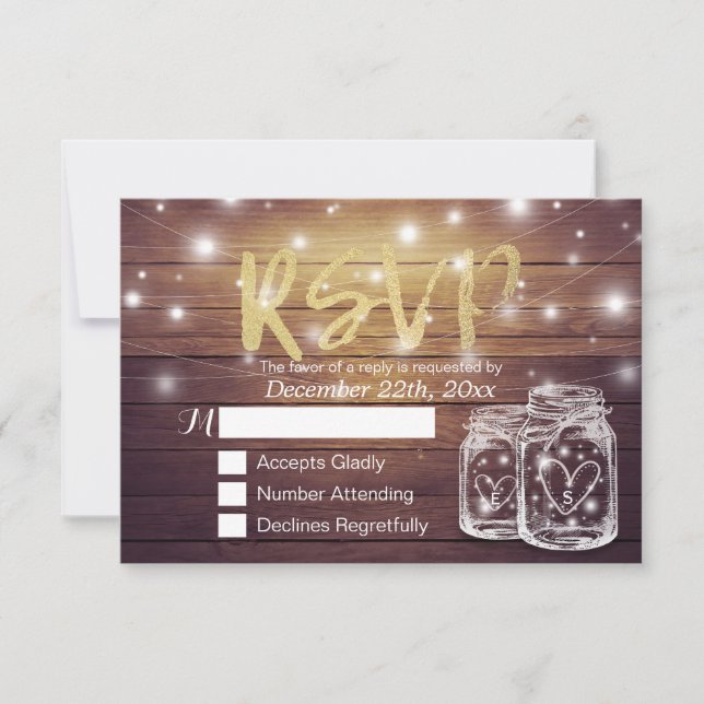 Rustic Wood & Mason Jar String Lights Wedding RSVP (Anverso)