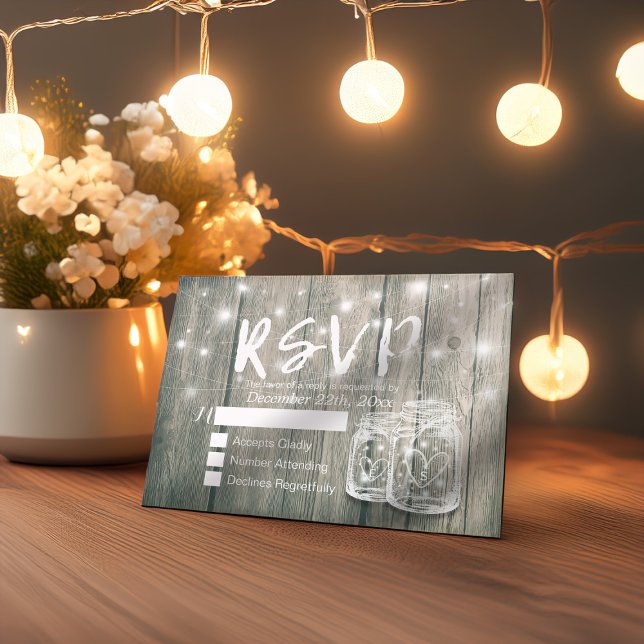 Rustic Wood & Mason Jar String Lights Wedding RSVP (Subido por el creador)