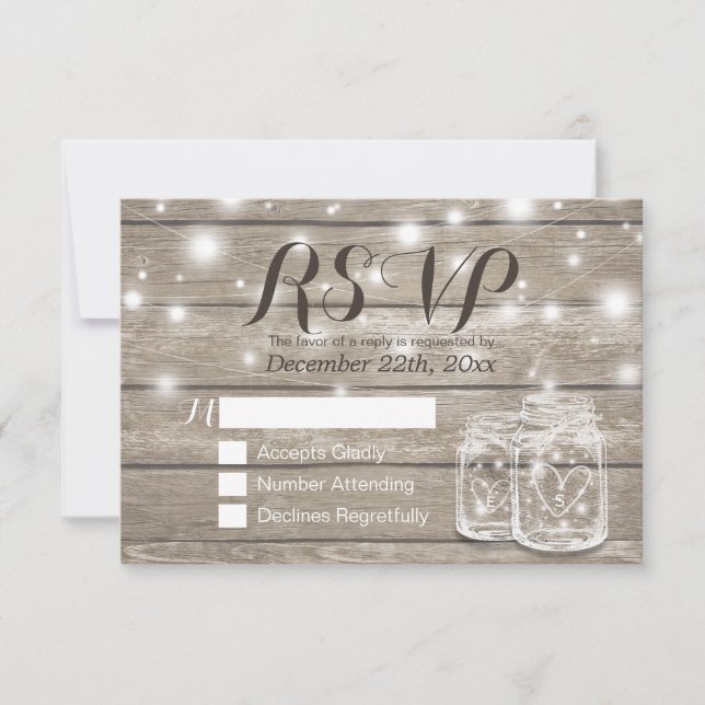 Rustic Wood & Mason Jar String Lights Wedding RSVP (Anverso)