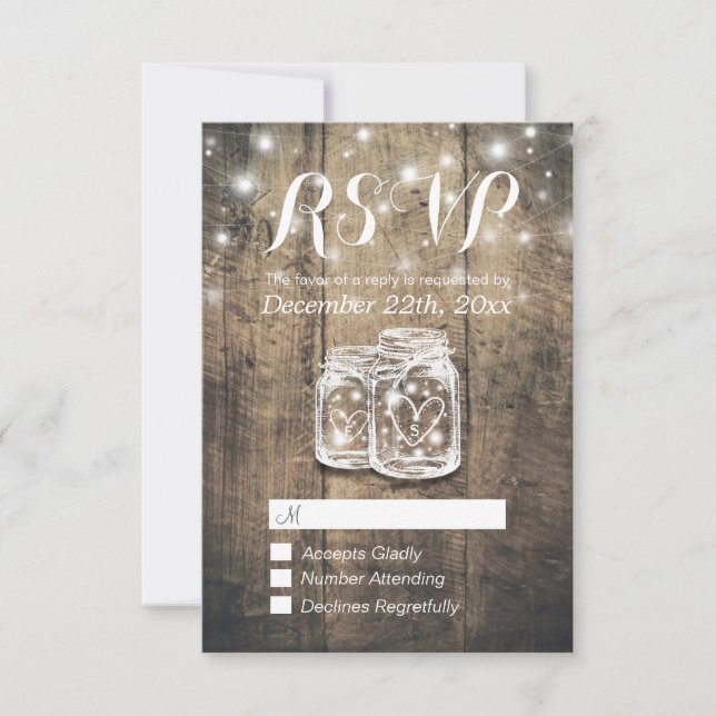 Rustic Wood & Mason Jar String Lights Wedding RSVP (Anverso)