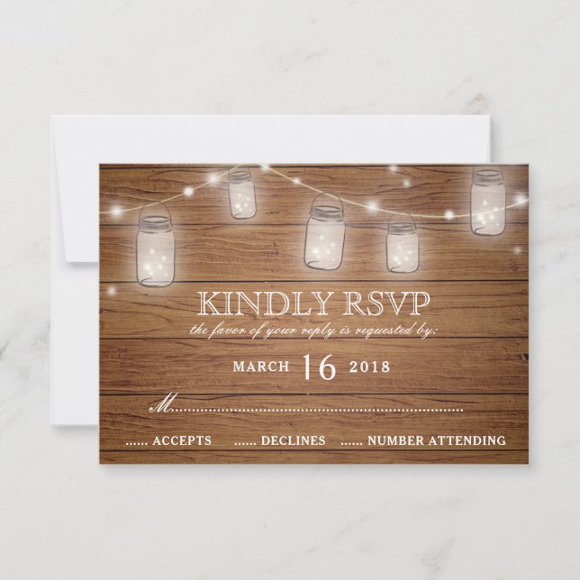 Rustic Wood Mason Jar String Luces Wedding RSVP (Anverso)