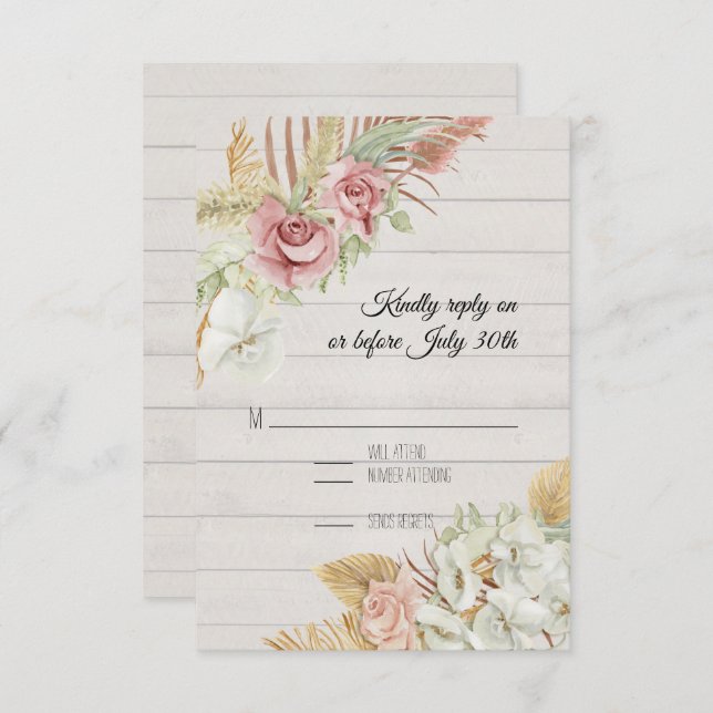 Rustic Wood Pampas Palm Rose Wreath Foliage RSVP (Anverso / Reverso)