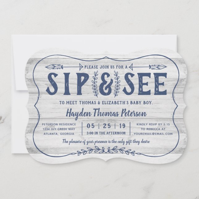 Rustic Wood Sip y ver la invitación de Baby Shower (Anverso)