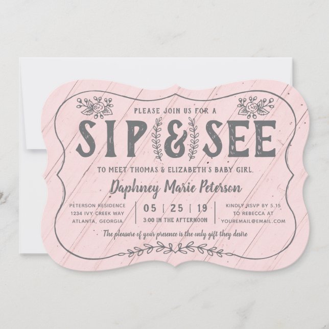 Rustic Wood Sip y ver la invitación de Baby Shower (Anverso)