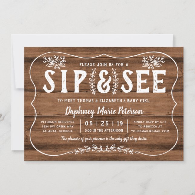 Rustic Wood Sip y ver la invitación de Baby Shower (Anverso)