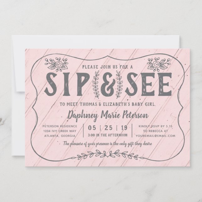 Rustic Wood Sip y ver la invitación de Baby Shower (Anverso)