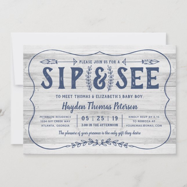 Rustic Wood Sip y ver la invitación de Baby Shower (Anverso)