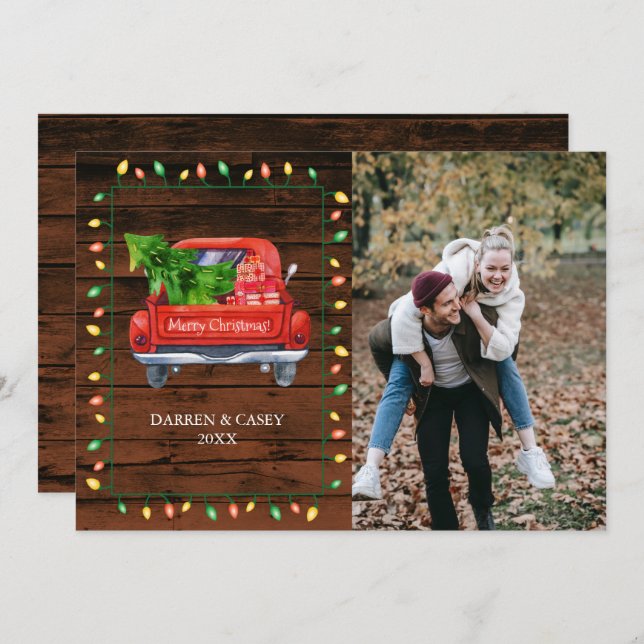 Rustic Wood & String Lights Christmas Photo Card (Anverso / Reverso)