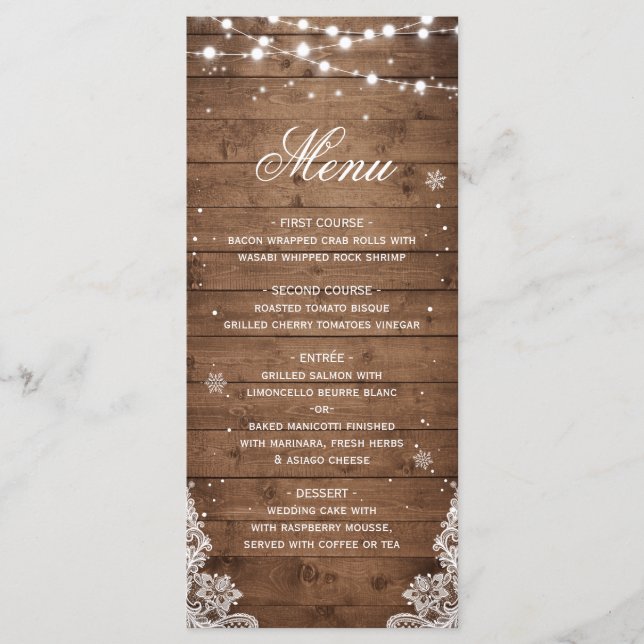 Rustic Wood String Lights Lace Snowflakes Menu (Anverso)