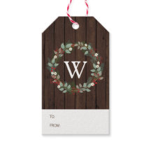 Rustic Woodland Holiday Wreath Monogram Etiqueta d
