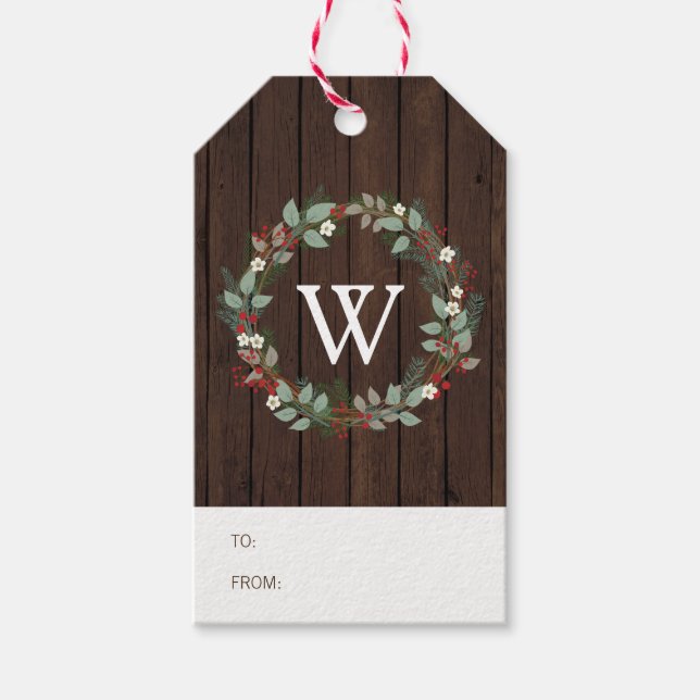 Rustic Woodland Holiday Wreath Monogram Etiqueta d (Anverso)