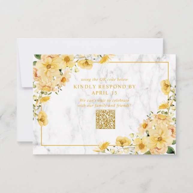 Rustic Yellow Floral Marble QR Code Wedding RSVP (Anverso)