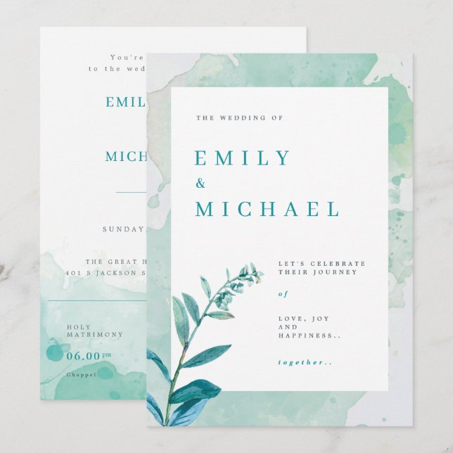 Rústica acuarela de la invitación a la boda verde  (Anverso / Reverso)