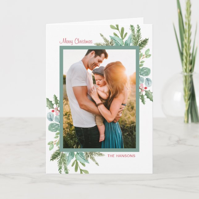 Rústica acuarela verde foto Feliz Navidad (Anverso)