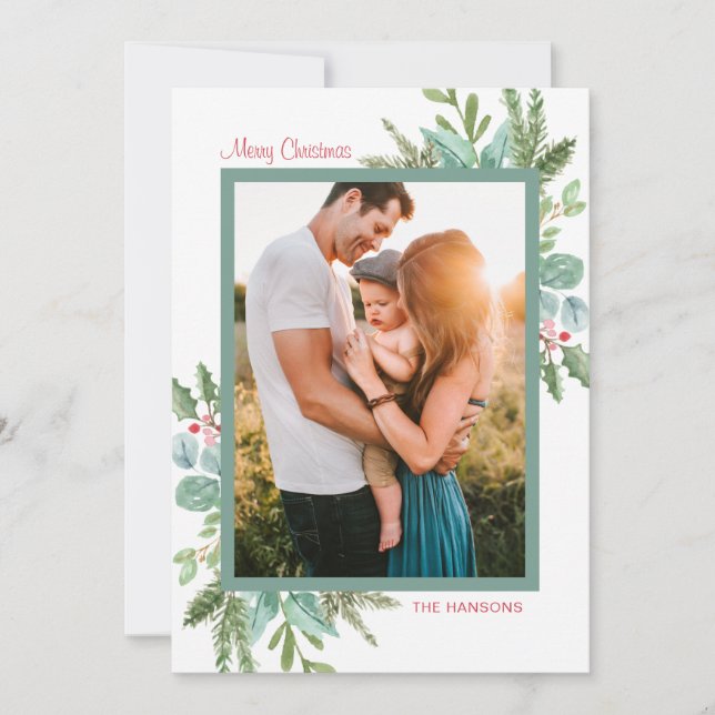 Rústica acuarela verde foto Feliz Navidad (Anverso)