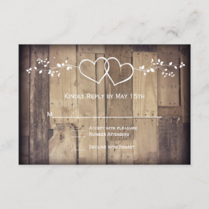 Rústica Barn Wood Doble Corazón Boda Tarjetas RSVP