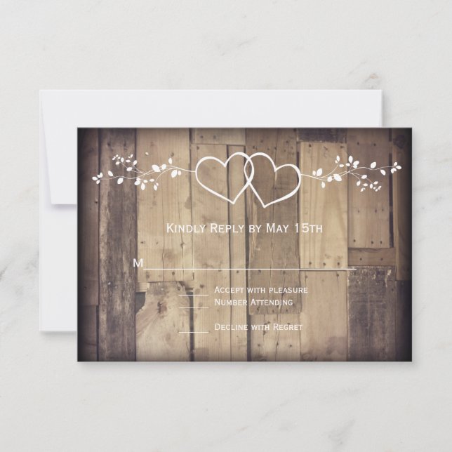 Rústica Barn Wood Doble Corazón Boda Tarjetas RSVP (Anverso)