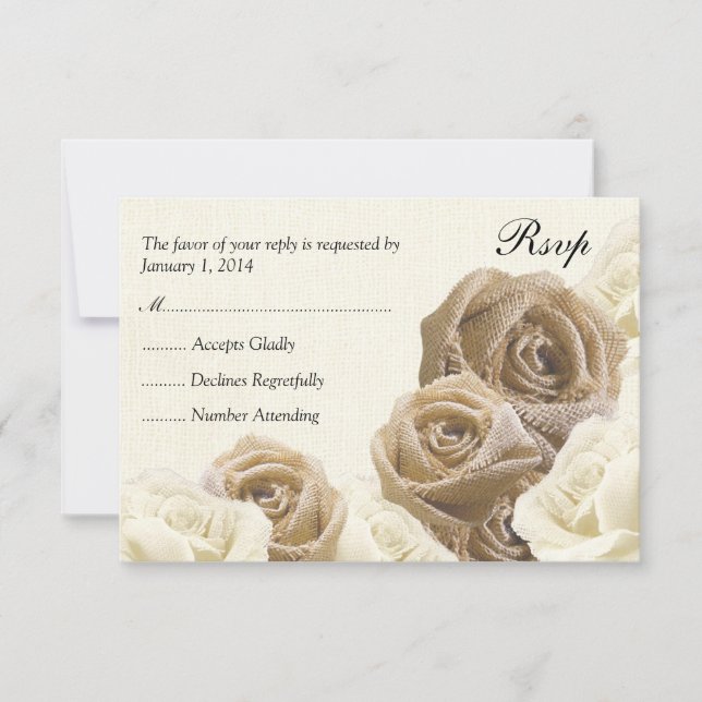 Rústica Burlap Flores Rosas Boda Tarjeta RSVP (Anverso)