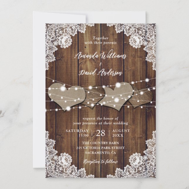 Rústica Burlap y invitación a la boda de encaje (Anverso)
