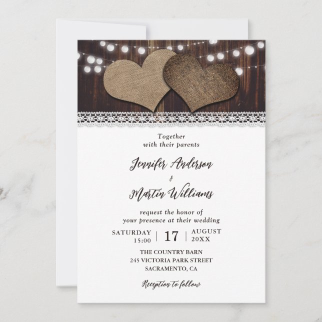 Rústica Burlap y invitación a la boda de encaje (Anverso)